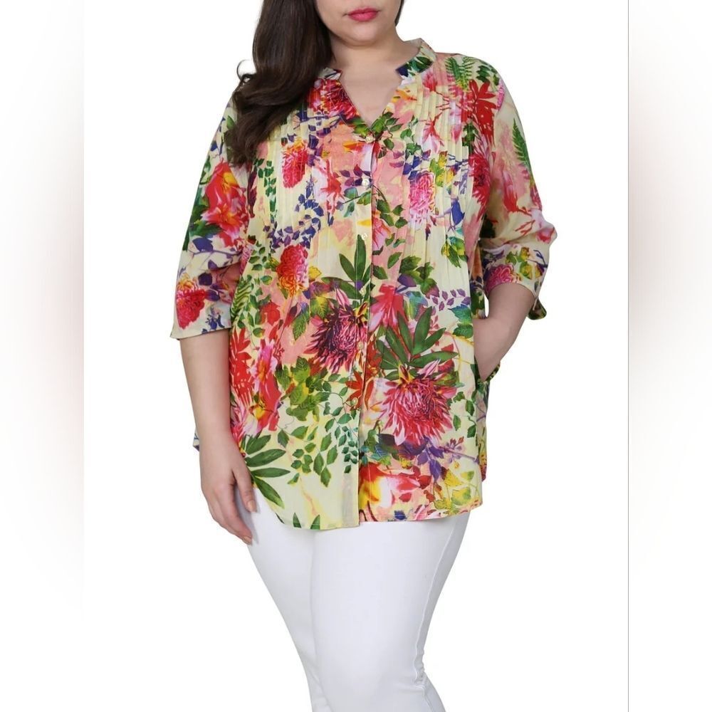 NWT La Cera L TropicalGardenReleasePrint 100%Cotton Pockets ButtonsUp WomenTunic